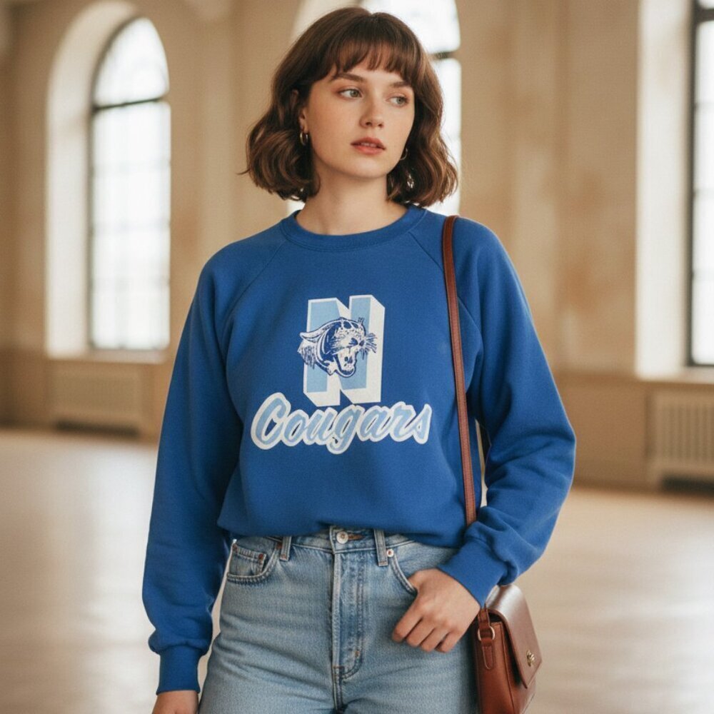 Vintage 60s Blue and White Cougars high school sports team crewneck sweater - Picture 12 of 12